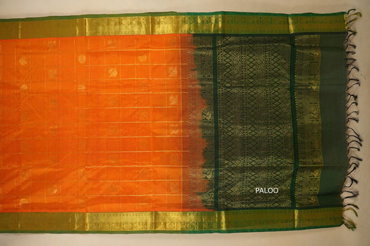 Orange with mild green Borders Silk Cotton Saree paloo