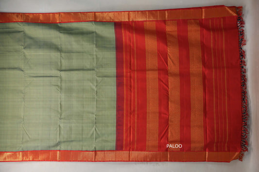 Muted Olive Green with bright red Borders Ten Yards Silk Saree SS9221