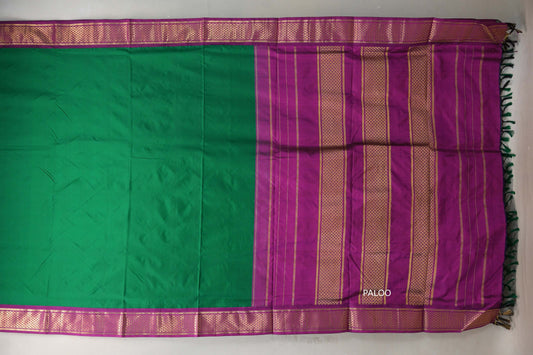 Emerald green with deep magenta borders Ten Yards Silk Saree SS9225