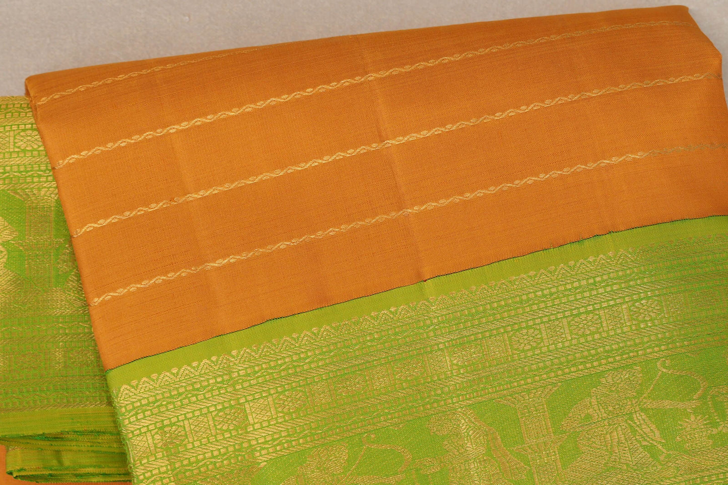 Mango Yellow with bright leaf green borders Ten Yards Silk Saree SS9230