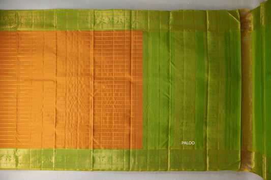 Mango Yellow with bright leaf green borders with deep purple Ten Yards Silk Saree SS9230