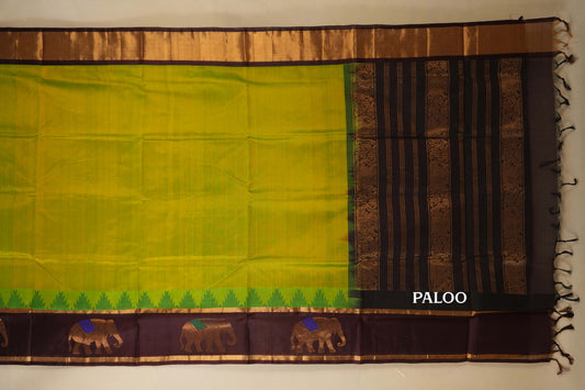 Fluorescent Green with Coffee Brown Borders Silk Cotton Saree paloo