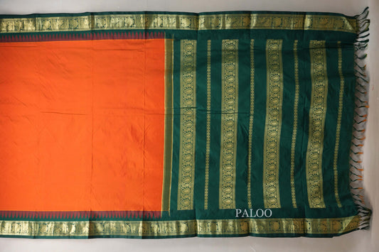 Reddish Orange Ten Yards Silk Cotton saree paloo