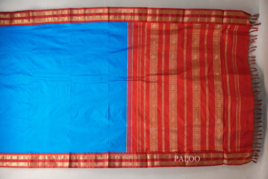Bright blue Ten Yards Silk Cotton saree paloo