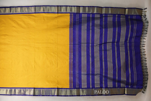 Bright yellow Ten Yards Silk Cotton saree paloo