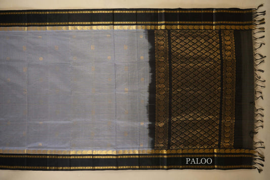 Gray with Black Borders Silk Cotton Saree Paloo