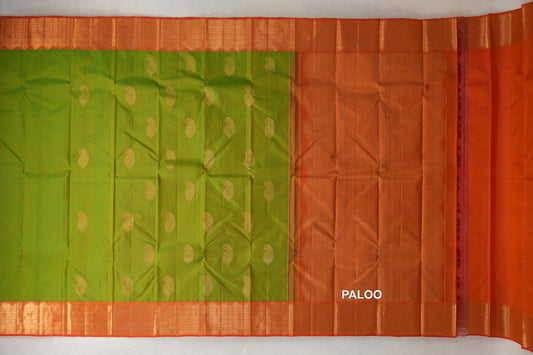 Parrot Green with Reddish Orange Borders Vintage Kanjivaram Silk Saree paloo