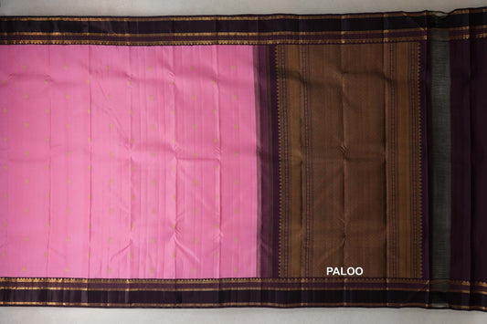 Pastel Pink with Dark Plum Rettai Pettu Borders Vintage Kanjivaram Silk Saree paloo