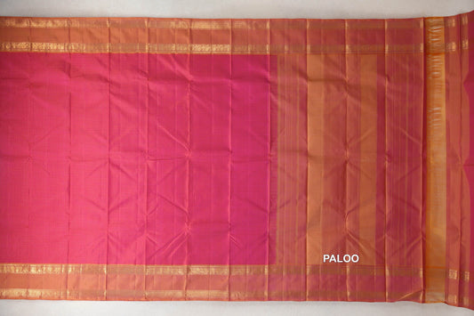 Pinkish Orange with Dual Tone of Yellow and Pink Rettai Pettu Borders Vintage Kanjivaram Silk Saree paloo