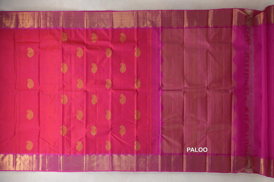 Orangish Pink with Magenta Borders Vintage Kanjivaram Silk Saree paloo