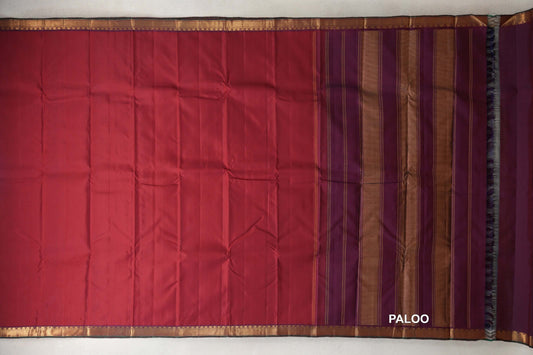 Deep Maroon with Dual Tone Deep Maroon and Violet with Bottle Green Selvedge Borders Vintage Kanjivaram Silk Saree paloo