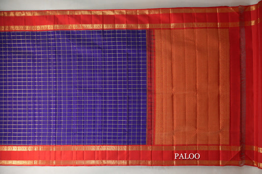 Indigo Blue with Bright Red Rettai Pettu Borders Vintage Kanjivaram Silk Saree paloo