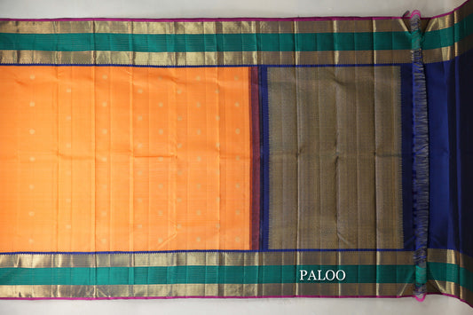 Mango Orange with Multi Color Red Rettai Pettu Borders Vintage Kanjivaram Silk Saree paloo