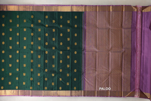 Deep Bottle Green with Lavender Pink Borders Vintage Kanjivaram Silk Saree paloo