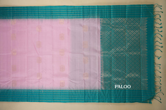 Baby Pink with Rama Blue Borders Light Weight Kanchipuram Silk Saree paloo