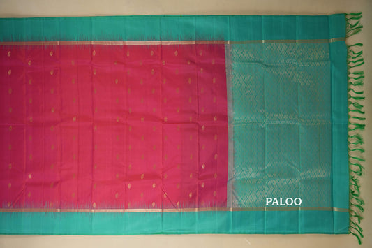 Peach Pink with Rama Blue Borders Light Weight Kanchipuram Silk Saree paloo