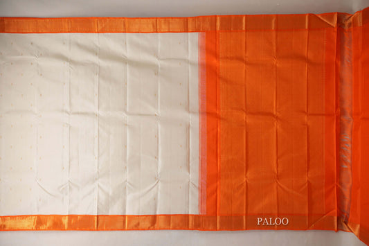 Cream with Bright Orange Borders Vintage Kanjivaram Silk Saree paloo