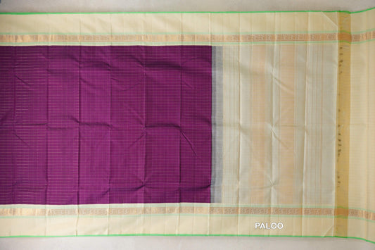 Deep Magenta Purple with Cream with Light Parrot Green Selvedge Borders Vintage Kanjivaram Silk Saree paloo