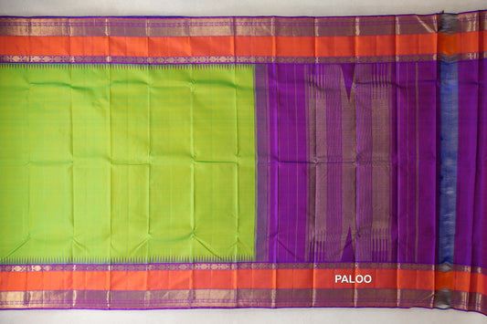 Bright Parrot Green with Dual Tone of Pink and Violet Purple with Orange Rettai Pettu Borders Vintage Kanjivaram Silk Saree paloo