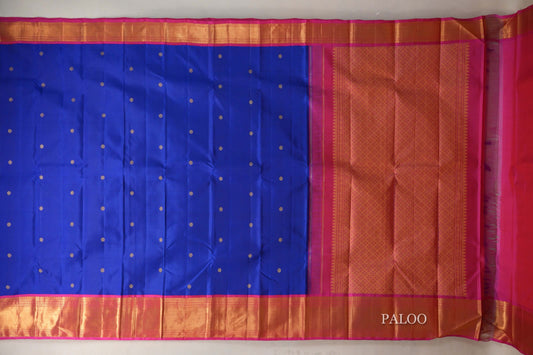 Royal Blue with Orangish Pink Borders Vintage Kanjivaram Silk Saree paloo