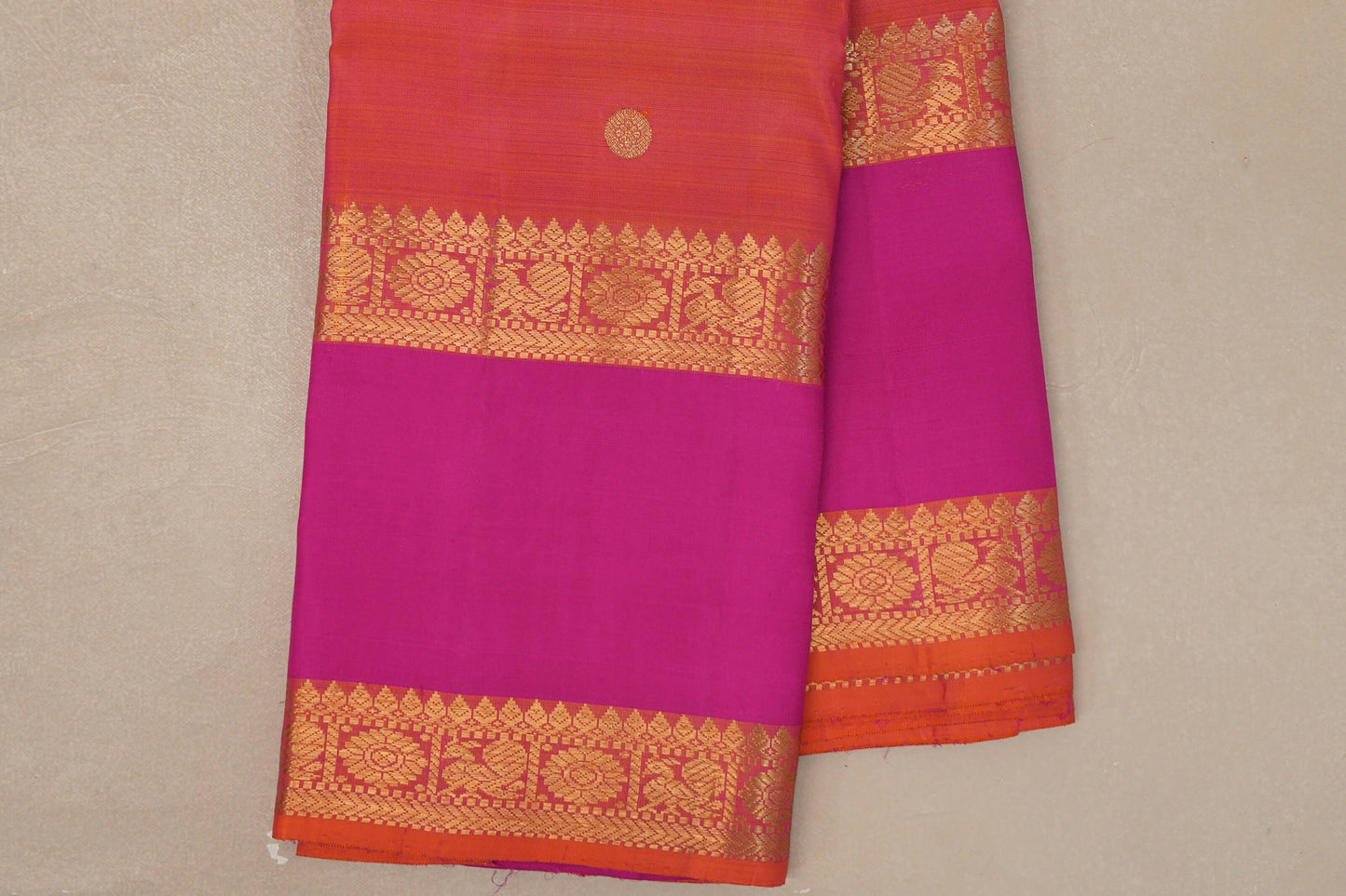 Dual Tone of Pink and Orange Vintage Kanjivaram Silk Saree rettai pettu borders