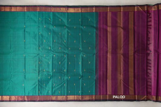 Peacock Green with Dark Purple with Dark Bottle Green Selvedge Borders Vintage Kanjivaram Silk Saree paloo
