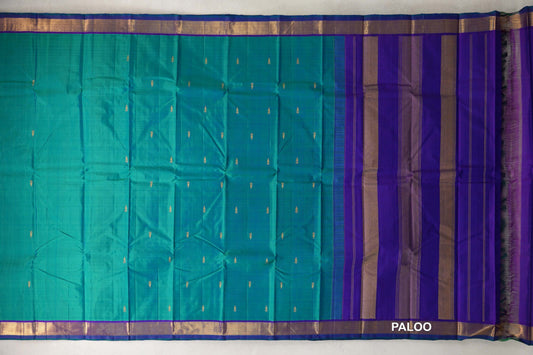 Dual Tone of Green and Blue with Violet Purple with Dark Bottle Green Selvedge Borders Vintage Kanjivaram Silk Saree paloo