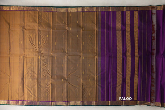 Mustard Oil with Deep Purple with Peacock Green Selvedge Borders Vintage Kanjivaram Silk Saree paloo