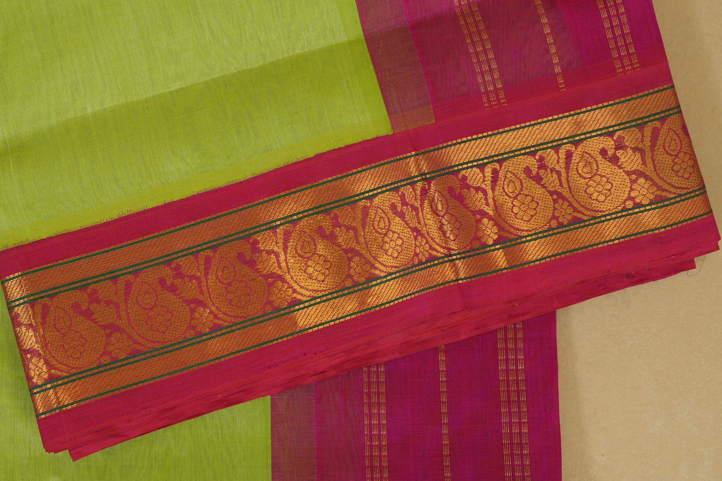 Pista Green with Pink Borders Silk Cotton Saree border zoom