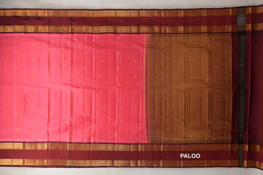 Coral Pink with Deep Maroon Rettai Pettu Borders Light Weight Kanjivaram Silk Saree paloo