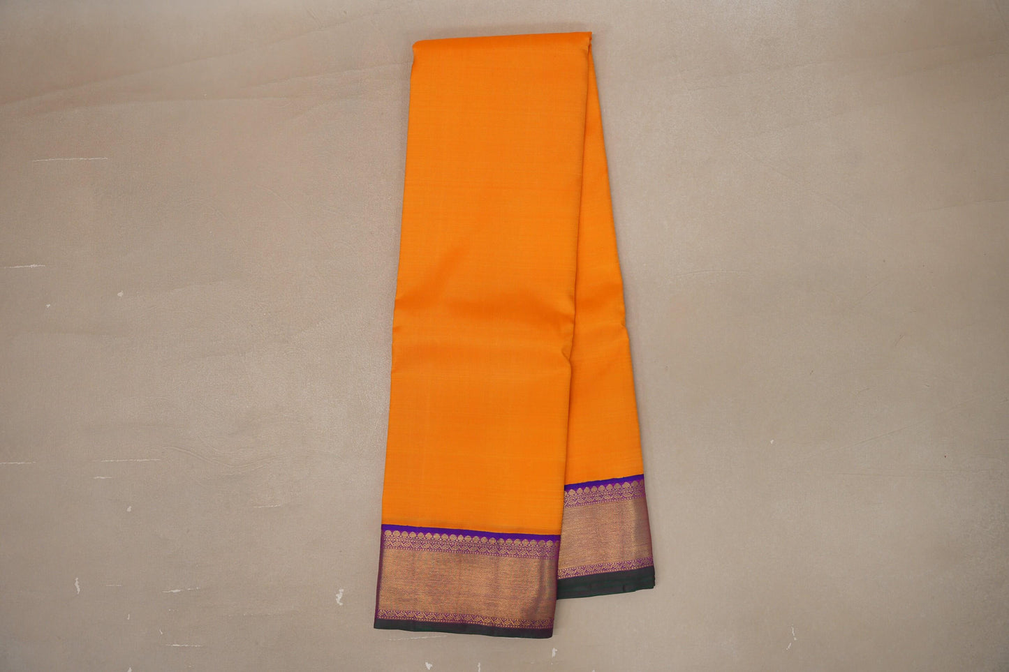 Mango orange with Dual Tone Blue and Magenta with green selvedge borders Vintage Kanjivaram Silk Saree SS9382