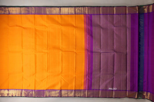 Mango orange with Dual Tone Blue and Magenta with green selvedge borders Vintage Kanjivaram Silk Saree SS9382