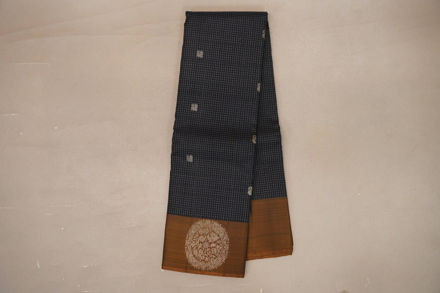 Deep navy blue with Golden Olive Green Vintage Kanjivaram Silk Saree SS9393