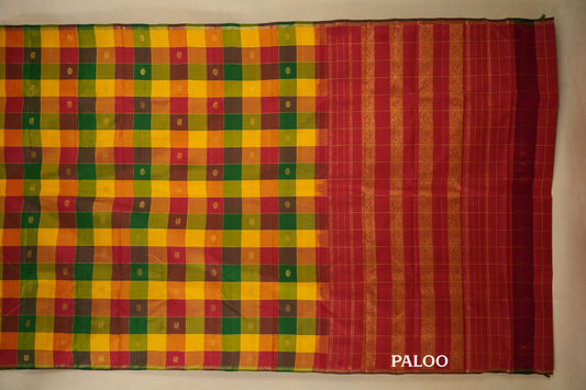 Multi color Checks with Borderless Vintage Kanjivaram Silk Saree paloo