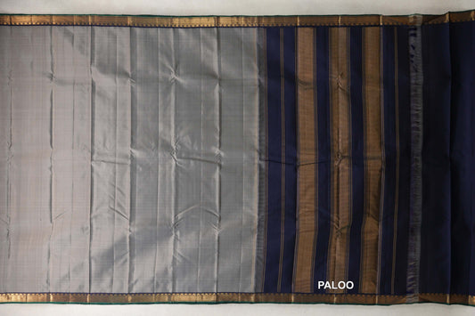 Silver Grey with Deep Navy Blue with Dark Bottle Green Selvedge Borders Vintage Kanjivaram Silk Saree paloo