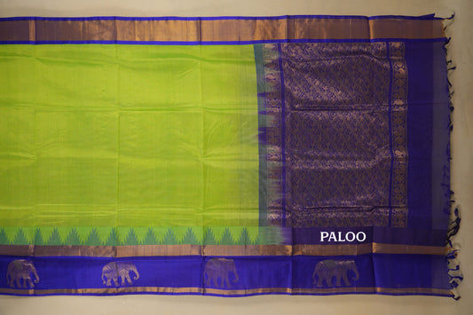 Fluorescent Green with Violet Borders Silk Cotton Saree paloo