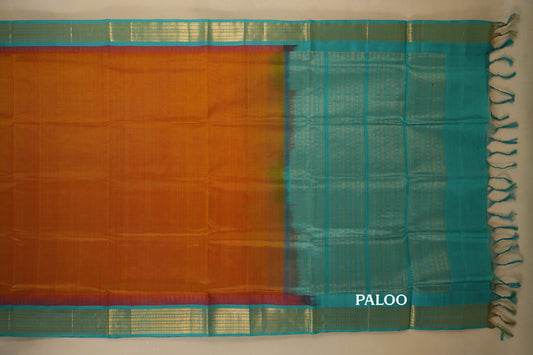 Mustard with Rama Blue Borders Silk Cotton Saree paloo