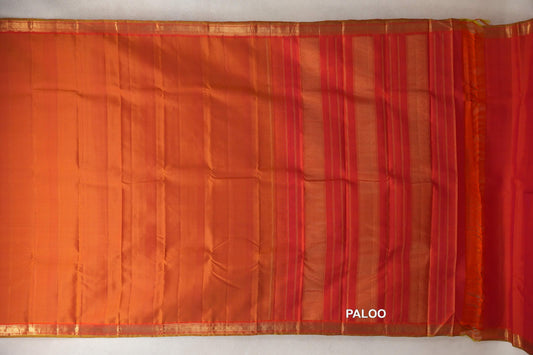 Dual Tone of Pink and Orange with Brick Red with Parrot Green Selvedge Borders Vintage Kanjivaram Silk Saree paloo