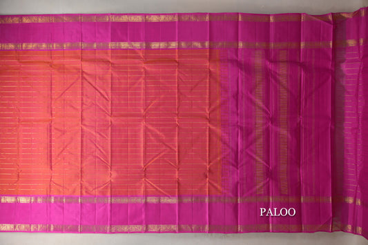 Dual Tone of Orange and Pink with Bright Magenta Rettai Pettu Borders Vintage Kanjivaram Silk Saree paloo