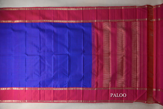Royal Blue with Orangish Pink Rettai Pettu Borders Vintage Kanjivaram Silk Saree paloo