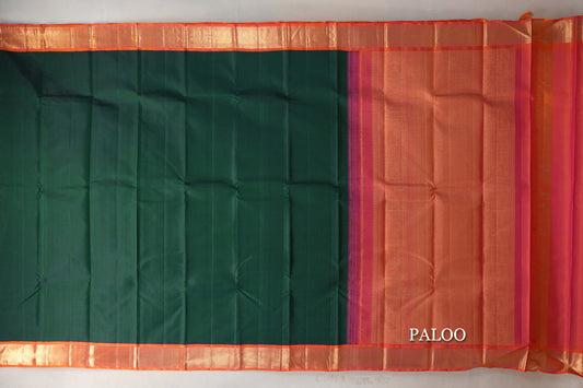 Dark Forest Green with Bright Pinkish Orange Borders Vintage Kanjivaram Silk Saree paloo