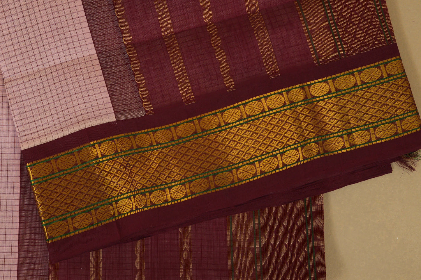 Baby Pink with Dark Maroon Borders Silk Cotton Saree border zoom