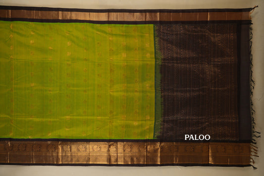 Fluorescent Green with Coffee Brown Borders Silk Cotton Saree paloo