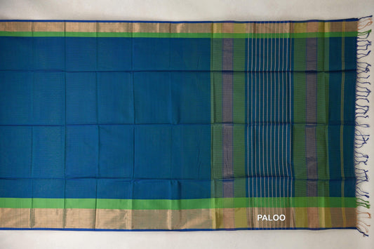 Peacock blue Maheshwari silk-cotton saree spread flat, with parrot green borders, royal blue edging and a striped Multi Color pallu with tassels.