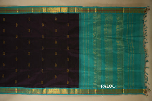 Coffee Brown with Rama Blue Borders Silk Cotton Saree paloo