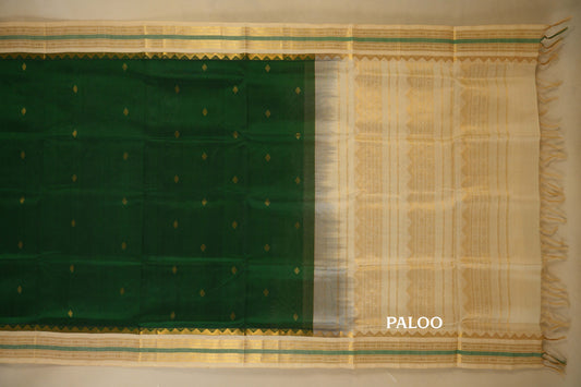 Bottle Green with Off-white Borders Silk Cotton Saree paloo