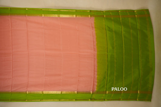 Peach with Parrot Green Borders Mysore Silk Saree paloo