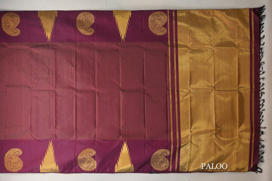 Deep Maroon with Zari Checks Vintage Kanjivaram Silk Saree paloo