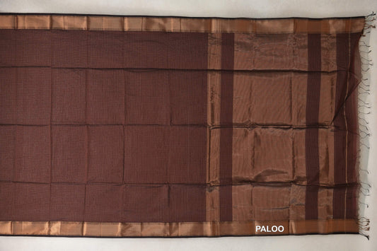 Coffee Brown Maheshwari silk cotton saree spread flat, showing a fine checked body, striped pallu, deep brown selvedge and tassels.