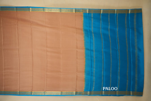 Dark Beige with Sea Blue Borders Mysore Silk Saree paloo